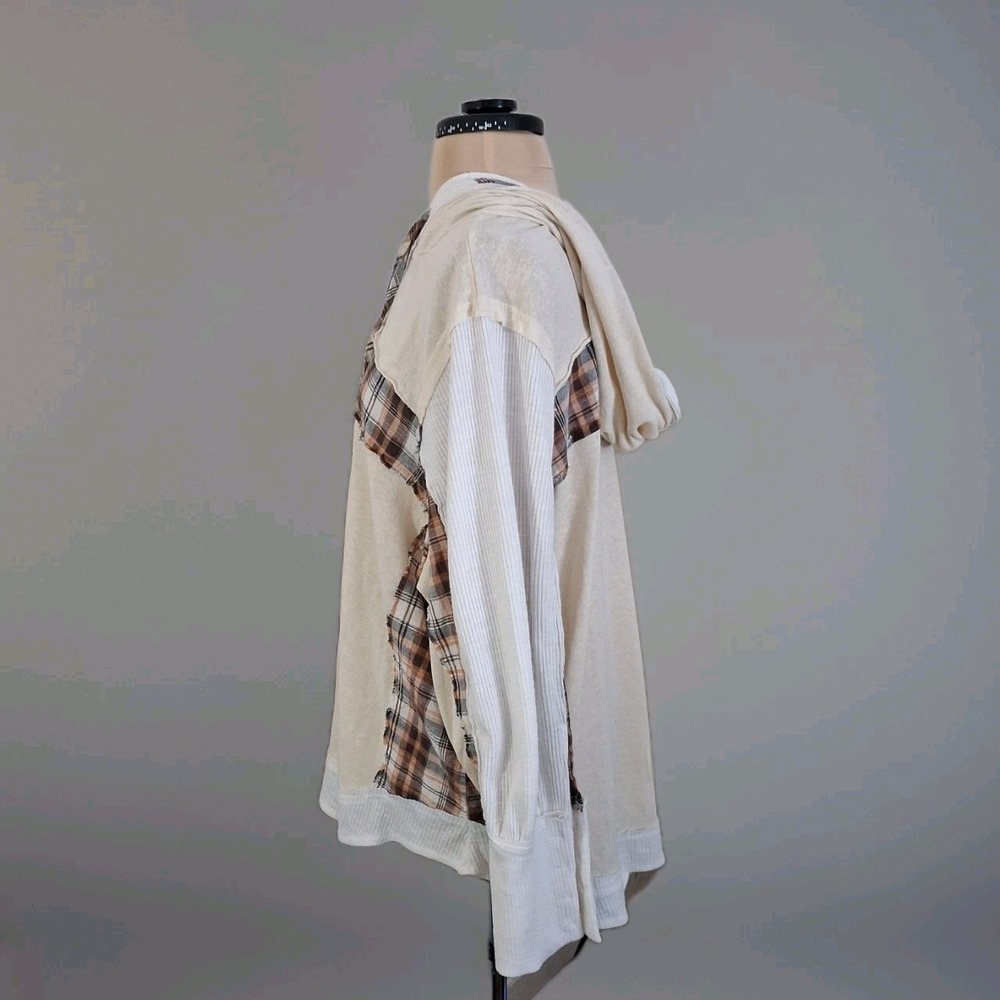 POL Oversized Patchwork Hoodie Flannel Sweater Pullover Slouchy Lagenlook Sz L - Picture 2 of 11